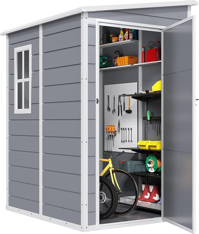 DWVO 5x4 FT Resin Storage Shed with Floor, All-Weather Outdoor Storage Shed with Lockable Door & Window, Waterproof Plastic Tool Shed for Garden, Backyard, Patio, Lawn, Gray