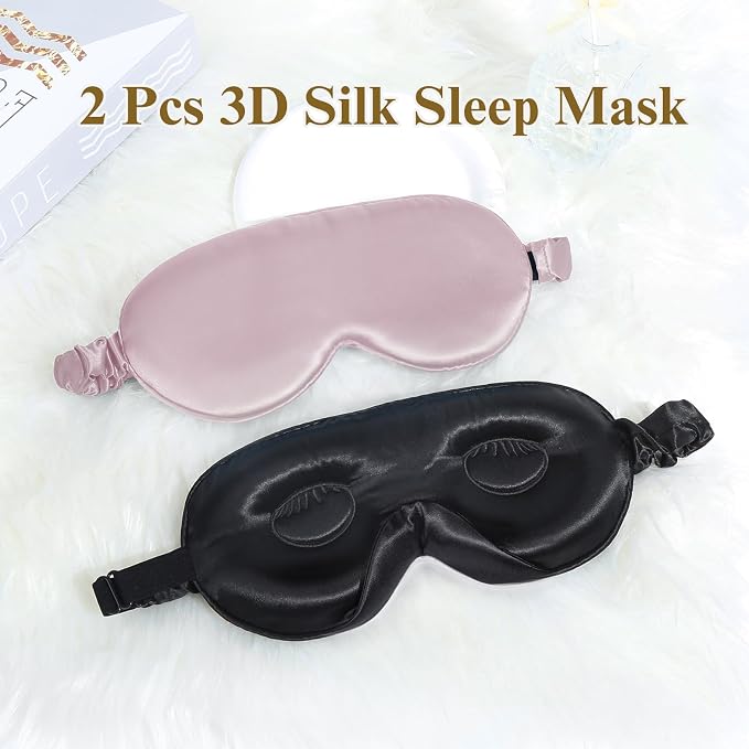 BeeVines 2 Pack 3D Contoured Sleep Mask 22 Momme Mulberry Silk Sleeping Eye Masks, Satin Eye Cover for Lash Extensions, Night Light Blocking Blindfold, 100% Blackout Satin Covers for Men & Women