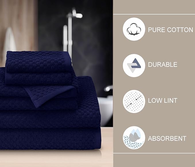 COTTON CRAFT Euro Spa Waffle Weave 6 Piece Towel Set - 100% Cotton - Navy | 2 Oversized Luxurious Large Bath Towels, 2 Hand Towels, 2 Washcloths - Soft Plush Super Absorbent Low Lint Quick Dry