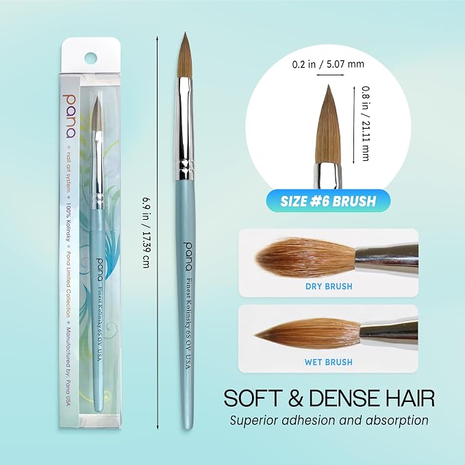 PANA Pure Kolinsky Hair Acrylic Nail Brush - Oval Crimped Shape Silver Ferrule with Teal Wood Handle (Size 6)