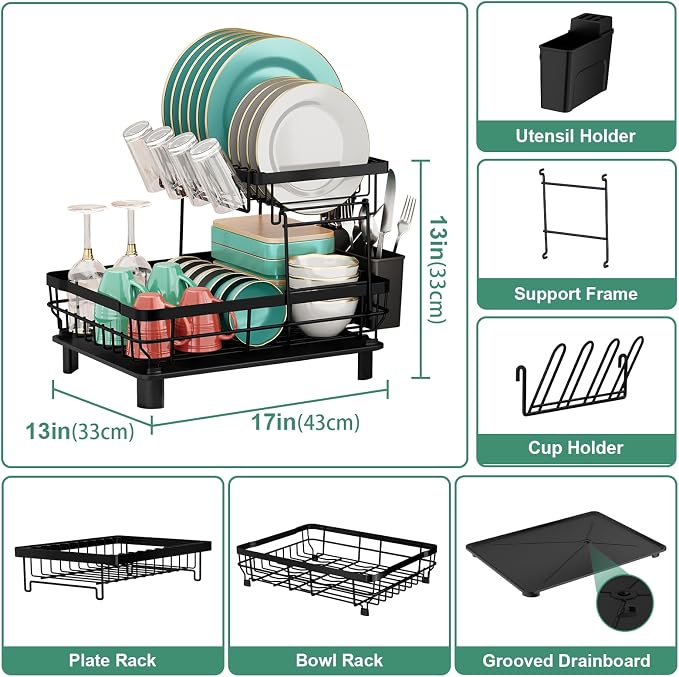 MOUKABAL 2 Tier Dish Drying Rack with Drainboard for Kitchen Counter, Black | 13×17 Large Capacity/Rustproof Stainless Steel/Fast Drainage Dish Drainer/Removable Utensil Holder/Kitchen Counter Organizer