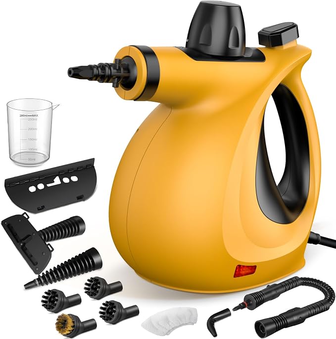 Phueut Pressurized Handheld Multi-Surface Natural Steam Cleaner with 12 pcs Accessories, Multi-Purpose Steamer for Home Use, Steamer for Cleaning Floor, Upholstery, Grout and Car (Orange)