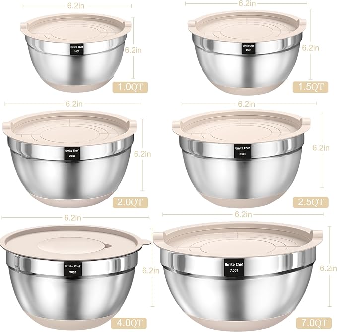 Mixing Bowls with Airtight Lids Set, 26PCS Stainless Steel Khaki Bowls with Grater Attachments, Non-Slip Bottoms & Kitchen Gadgets Set, Size 7, 4, 2.5, 2.0,1.5, 1QT, Great for Mixing & Serving