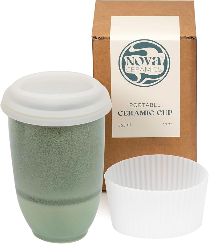 NOVA CERAMICS Travel Mug – Travel Coffee Tumbler – On the Go Coffee Mug – Microwave & Dishwasher Safe Green CoffeeTumbler - Gifts for Women Men Him Her – 12oz – Emerald