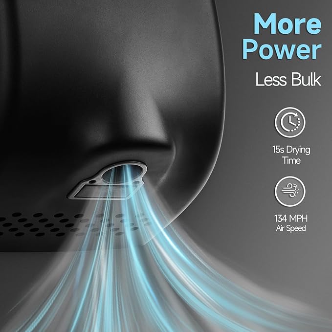 anydry Compact Hand Dryer, High-Speed 1350W Airflow, Matte Black Finish, Space-Saving for Commercial & Home Use, Model AD2803Y