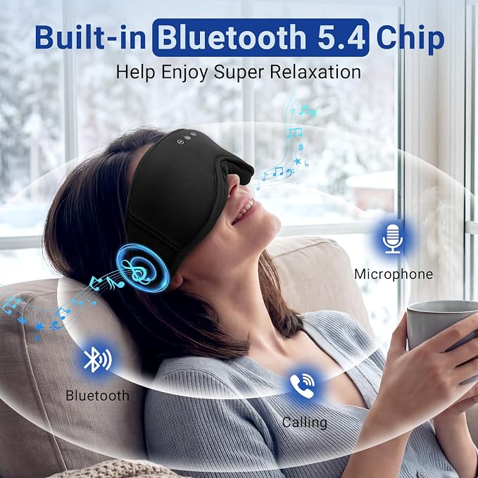 3D Bamboo Cotton Sleep Mask with Bluetooth 5.4 Headphone, Music Wireless Bluetooth Blackout Eye Mask for Side Sleepers, Earphones HD Speaker Microphone for Travel, Gifts for Women Men, Black