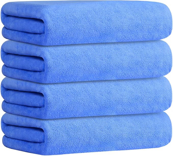 JML Microfiber Bath Towels, 4 Pack, 30" x 60", Blue | Hanging Loop, Soft, Absorbent, Quick Dry, Lint Free, Fade Resistant
