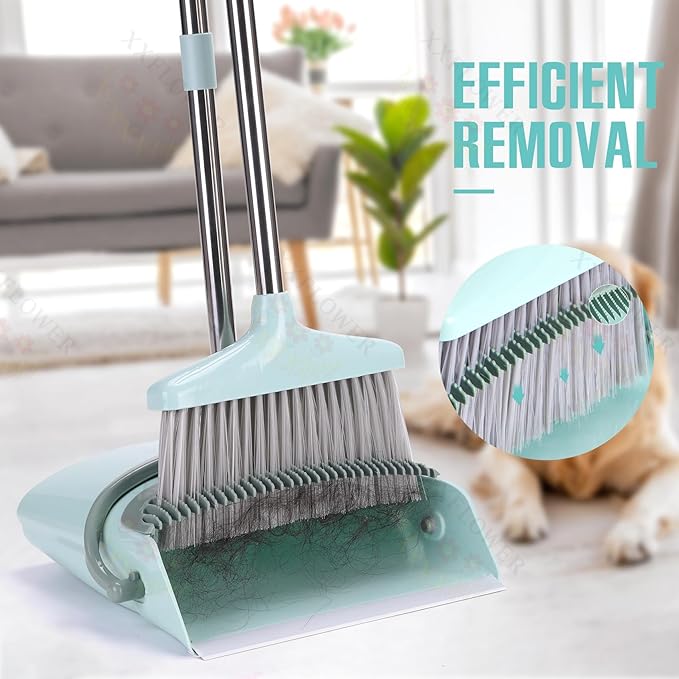 XXXFLOWER Broom and Dustpan Set with Cleaning Teeth, 54.5" Long Handle Indoor Sweeping Combo for Home Office Kitchen, Bluish Green