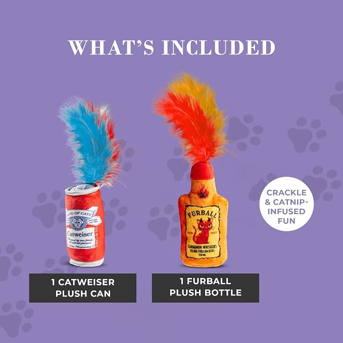 Haute Diggity Kitty Catweiser + Furball Catnip Toys, Soft Plush Cat Toys Catnip Filled with Interactive Crackle Sound & Feathers, Safe & Durable Toy for Cats & Kitten, 2 Pcs