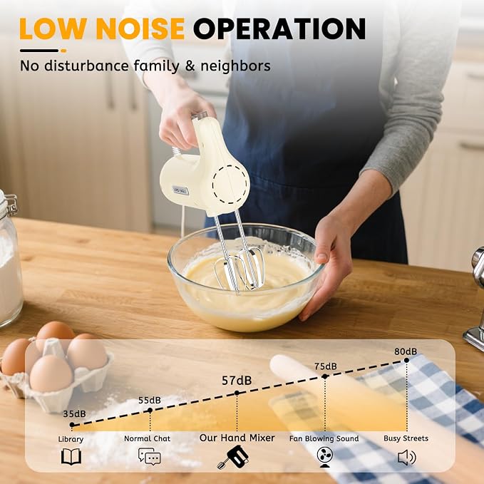 Lord Eagle 5-Speed Hand Mixer Electric, 300W Compact Handheld Mixer, Portable Kitchen Egg Beater with 5 Attachments & Storage Bag, Cake Supplies for Bread Dough Baking, Lightweight, Cream