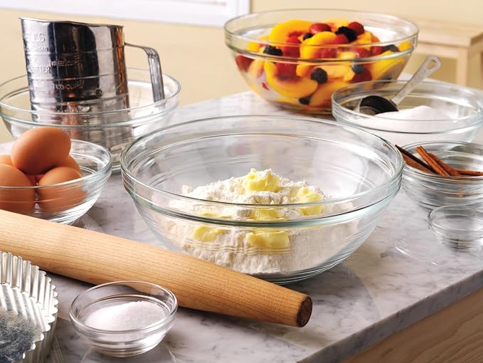 Duralex Gigogne Glass Stackable Mixing Bowls/Prep Bowls Set of 6, Clear. 2½ qt. / 9"