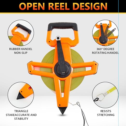 1 Pcs 328ft/100m Open Reel Steel Long Tape Measure, Heavy Duty 1/2" Nylon-Coated Blade with Dual Inch & Metric Scale, Tape Measure for Construction, Surveying, Concrete Work, Orange