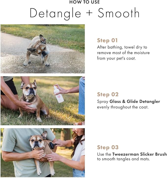 Smooth Coat Care Set by Veterinary Formula & Tweezerman – Gloss & Glide Detangling Spray with Small Slicker Brush for Dogs, Cats, Puppies & Kittens – Tangle-Free Grooming Duo for Everyday Shine