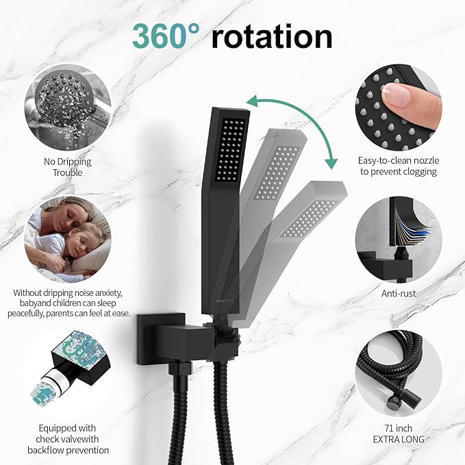 SR SUN RISE Matte Black Square Rainfall Shower Head and Handle Set, Wall Mounted Shower Fixtures, Metal Shower Faucet Trim Repair Kits (With Shower Valve) 16 Inches
