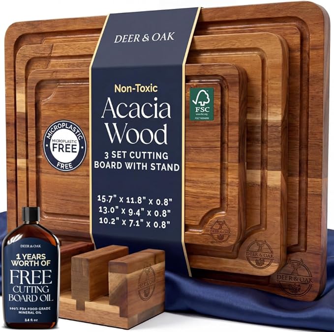 Pre-Oiled, Non Toxic 3-Piece Acacia Cutting Board Set with Stand | 15.7 x 11.8 in, 13 x 9.4 in, 10.2 x 7.1 in · FSC certified · Includes 3.4 fl oz oil · Deer & Oak