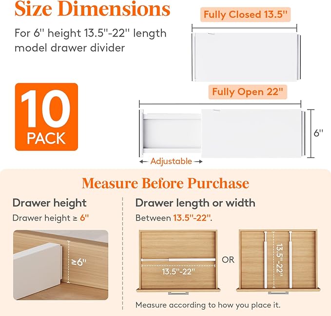 Lifewit 10 Pack 6" High Drawer Dividers 34-56cm/13.5-22" Adjustable Drawer Organizer for Clothes/Utensils, Expandable Drawer Separator in Dresser/Kitchen/Bedroom/Office Organization & Storage White