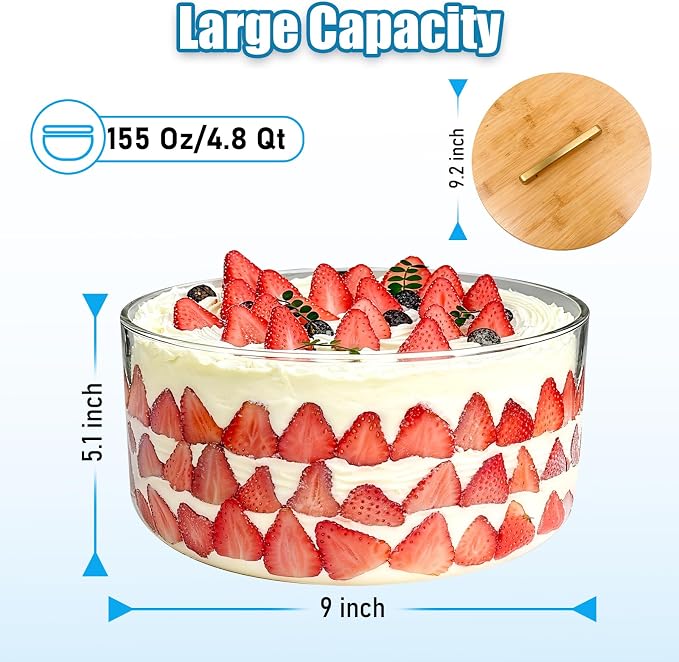 Acelane 9 Inch Glass Trifle Bowl with Sealed Lid, Large Salad Bowl, Modern Versatile Mixing and Serving Bowl for Salad, Dessert, Laying Ice Cream, Cake and Party, Home, Microwave & Dishwasher Safe