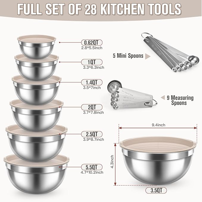 21PCS Mixing Bowls with Lids Set, 7 Mixing Bowls & 14 Measuring Spoons, Stainless Steel Nesting Bowls for Baking & Cooking Prepping Space Saving Storage, Kitchen Essentials, 0.6-5.5QT