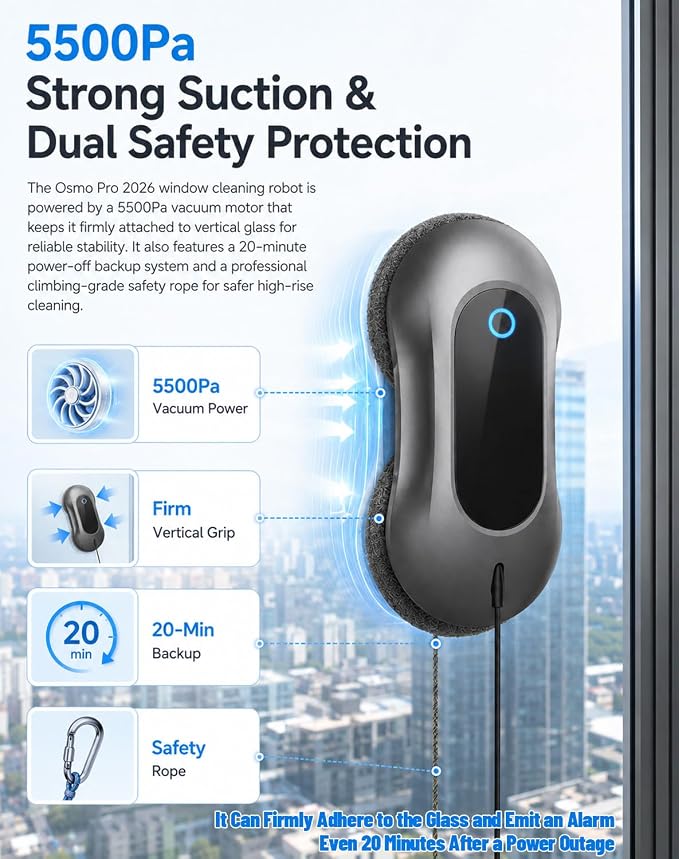2026 Completely Upgraded Window Cleaning Robot with Smart AI Navigation, Dual Water Spray with 5500Pa Suction Automatic Glass Cleaning Robot for High-Rise Windows and Mirrors