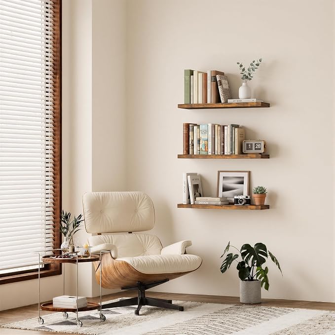 BAYKA Floating Shelves for Wall, Set of 3, 35.4 Inches Wall Mounted Wood Shelves for Bathroom, Bedroom, Living Room or Kitchen, Hanging Shelf for Books/Storage/Decor with 30lbs Capacity, Rustic Brown
