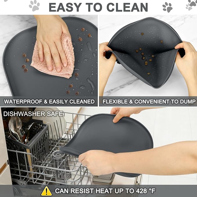SMILOOL Waterproof Silicone Pet Food Mat with Raised Edge for Dog & Cat | 12" x 12" Non-Slip Small Pet Feeding Mats with Lip for Food & Water Bowl, Food Grade, Easy Cleaning, Dark Gray