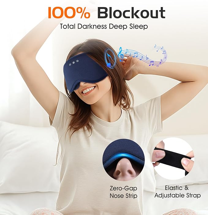 Bluetooth Sleep Mask with 2 Removable 3D Contoured Cup, Bamboo Cotton Sleeping Headphones for Side Sleepers with Timming Setting, Blackout Eye Mask for Sleeping Travel Meditation Men Women(Navy Blue)