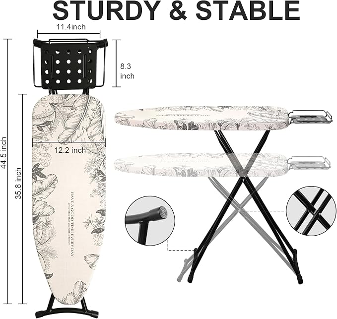Ironing Board,Foldable Ironing Board Adjustable Height Compact Iron Board Thick Steel Tube Iron Board with Holder,Replacing Cloth Cover and Mini Handheld Gloves, Gift for Women(Leaf Print)