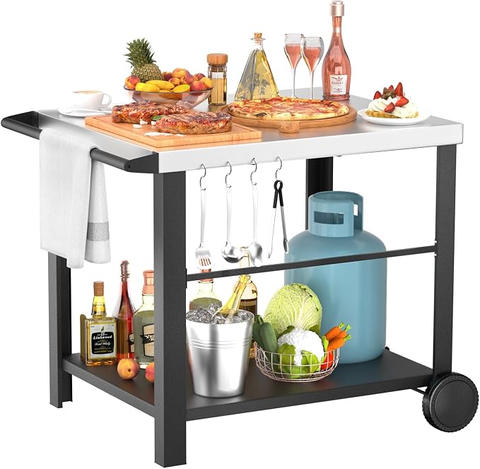 Grill Table Stand with Wheels, 24.4" x 38.3" x 30.9" | Extra-wide prep table for Ninja Woodfire, Blackstone griddles and pizza ovens, movable outdoor workspace
