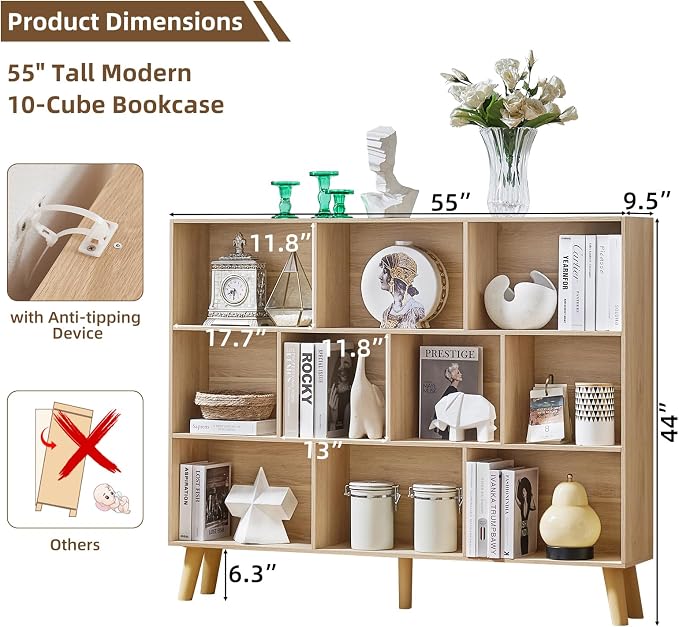 LEYAOYAO 10 Cube Bookshelf,Mid-Century Modern Bookcase with Legs,Light Wood | 3 Tier Book Shelf, 55" Wide Rustic Wood Bookshelves Large Storage Organizer, Open Shelves for Bedroom, Living Room, Office