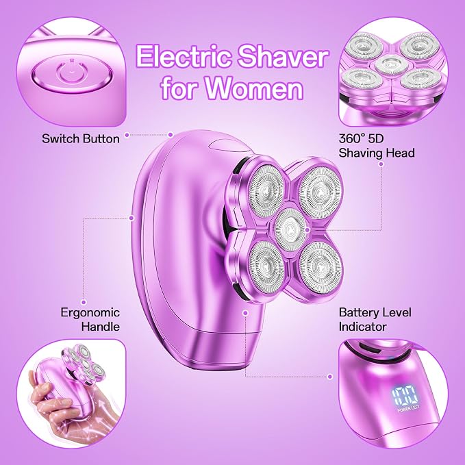 Electric Razors for Women, Waterproof Wet/Dry Womens Electric Razor, Replacement Heads Womens Face Shavers for Legs, Arms, Bikini, Lips, Underarms (Purple)