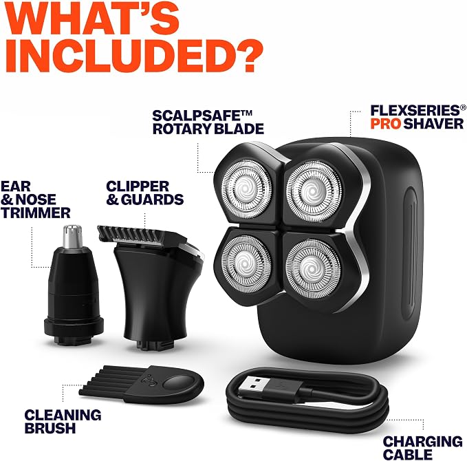 Freebird Electric Head & Body Hair Shaver - Mens Cordless Waterproof Razor with Rotary Blades (FlexSeries Pro, Shaver Kit)