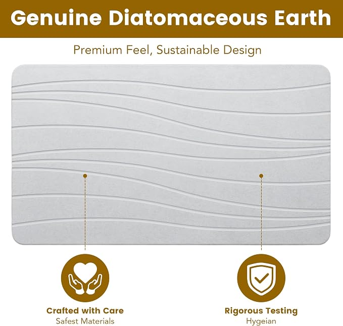 Extra Large Stone Bath Mat, 30'' x 17'' Diatomaceous Earth Non-Slip Stone Shower Mat, Super Absorbent Diatomite Stone Mats for Bathroom Light Gray XL Flow