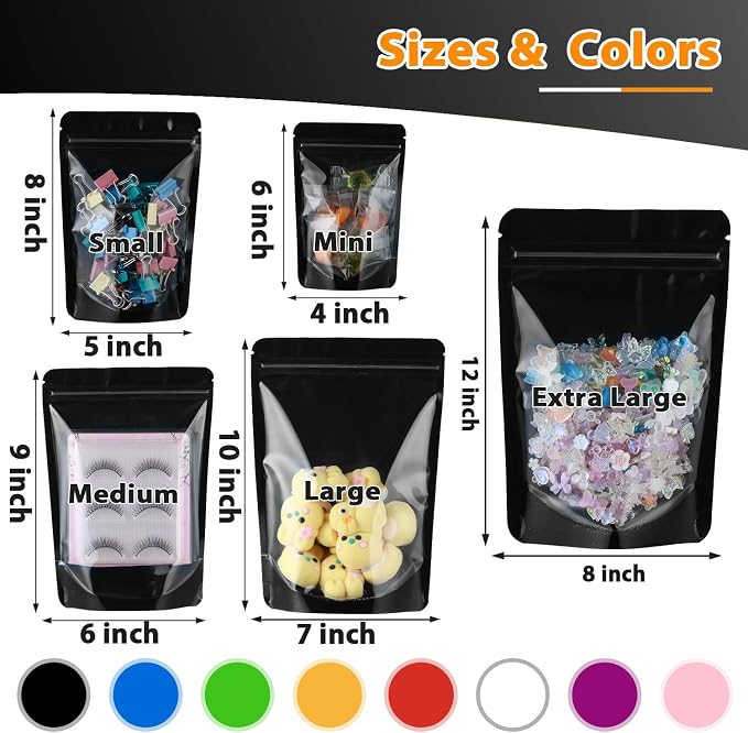 300 Mylar Bags for Food Storage 6X9 Mylar Bags with Window Large Candy Packaging Resealable Bags Black Stand Up Pouches Edible Packaging for Small Business Freeze Dried