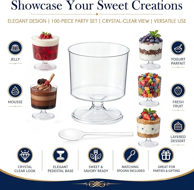 300 Pcs 2 oz Mini Dessert Cups with 300 Pcs Spoons Clear Plastic Mousse Cups Footed Trifle Bowl with Pedestal Fruit Parfait Appetizer Wine Glasses for Serving Party Wedding Birthday