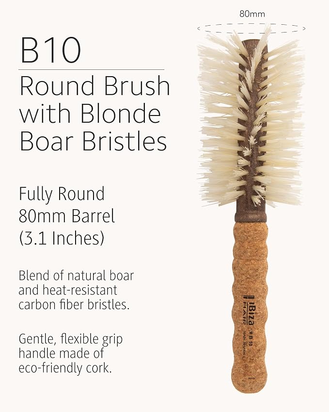 Ibiza Hair Boar Bristle Round Brush (B10-80mm) | Ideal for Setting Hair with Movement, Bounce & Easy Styling Control | Blonde Boar Bristles for Fine, Ethnic & Color-Treated Hair