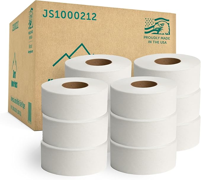 Sierra Hygiene 2-Ply Jumbo Toilet Paper Rolls, 3.5" x 1000' Universal Bath Tissue, 9” Diameter Commercial Toilet Paper for Dispensers, Septic Safe, Made in USA, 12 Rolls/Case