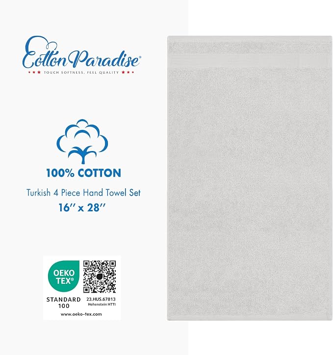 Cotton Paradise 100% Cotton Turkish Towel Set, Soft Absorbent Quick Dry, 4 Piece Hand Towel Set, Silver Grey