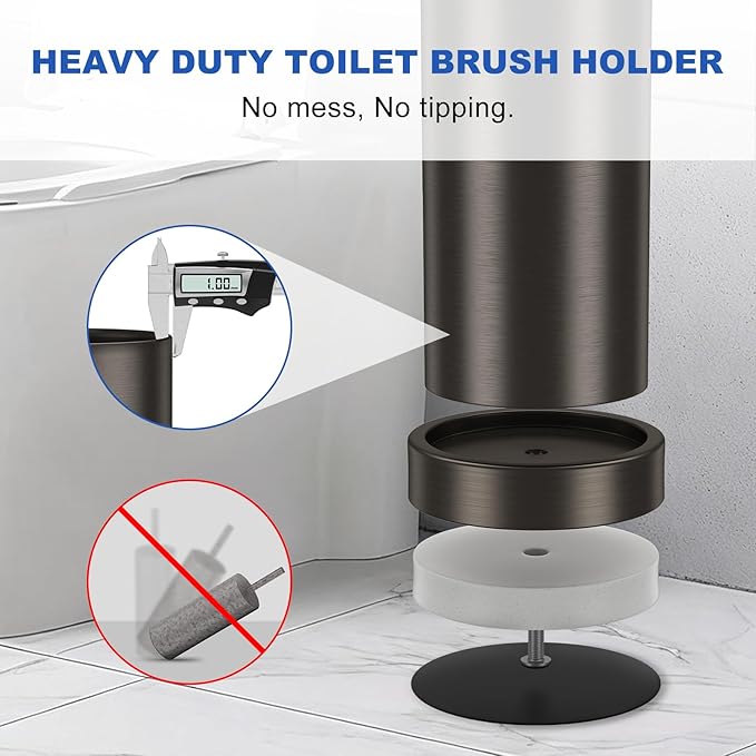 Brushed Nickel Toilet Brush and Holder Set, 304 Stainless Steel Toilet Brush for Bathroom, Heavy Duty Toilet Bowl Brush with Holder, Removable Inner Bowl and Splash Protection, Long Handle