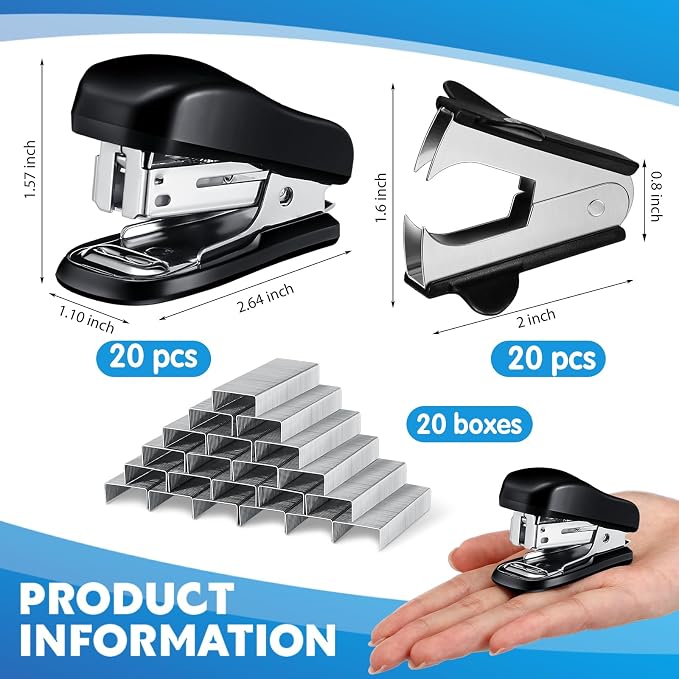 Sherr 20 Pack Mini Staplers Bulk 20 Pcs Staple Remover with 15000 Nail Office Staplers for Desk 25 Sheet Capacity Back to School Students Teachers Supplies for Classroom Office Business Black