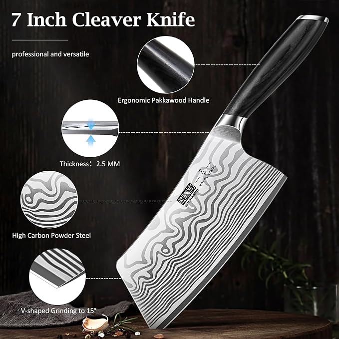 HOSHANHO Cleaver Knife 7", Razor Sharp Powder Steel Kitchen Meat Cleaver | Professional Kitchen Butcher Knife for Meat Cutting Vegetable Slicing, Japanese Chopping Knife with Pakkawood Handle