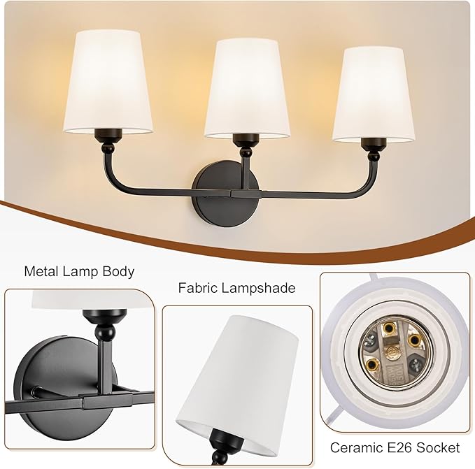 Bathroom Vanity Light, Matte Black Bathroom Light Fixtures, 3-Light Lighting Fixtures Over Mirror, Modern Wall Sconce with Flared White Fabric Shade, E26 Socket(ETL Listed)