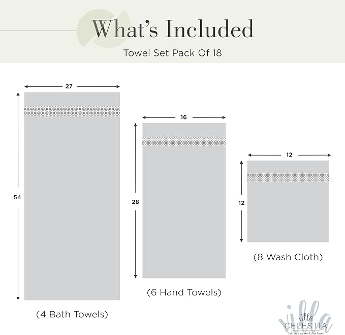 Villa Celestia 18-Piece 100% Cotton Towel Set, 4 Bath Towels, 6 Hand Towels, 8 Wash Cloth, Quick-Dry, Sage