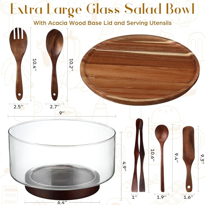 FoldTier Large Glass Salad Bowl Set, Party Salad Bowl with Acacia Wood Base and Lid as Cheese Charcuterie Board and Plate, Comes with 5 Pieces Elegant Wood Serving Utensils