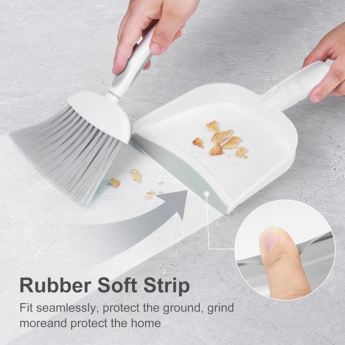 NACENA Small Dust Pan and Brush Set, Mini Broom and Dustpan Set Small Hand Broom and Brush Combo Dust Pan with Teeth for Home Cleaning Drawers Desktop Sofas and Outdoor, White & Gray