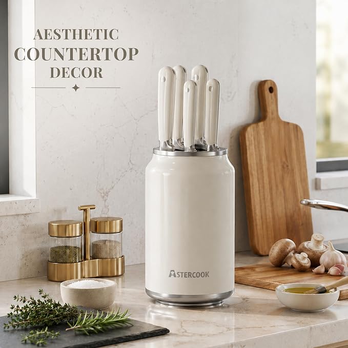 Astercook 6-Piece Kitchen Knife Set with Soda Can-Inspired Block, Full Tang High Carbon Stainless Steel Knives, Retro Cream Design, Dishwasher Safe Knife Sets & ABS Handles - Perfect Kitchen Gifts