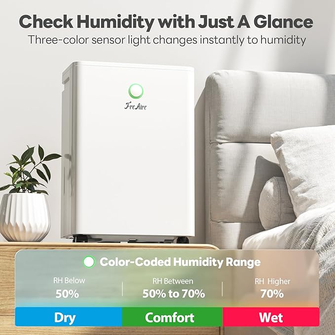FreAire 2500Sq.Ft Dehumidifier for Basement with 6.56FT Drain Hose, 34Pint Dehumidifiers for Home, 40dB Quiet Dehumidifier for Bedroom, Bathroom, 2L Water Tank, 3-Color Humidity Light