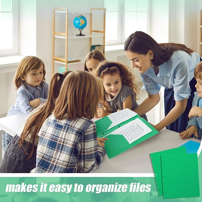 Yeaqee 100 Pcs Plastic Folders with Pockets Bulk 3 Hole Punched 2 Pocket File Folders for 3 Ring Binder Divider Folder for Notebooks, Durable Poly for Office Home (Green)
