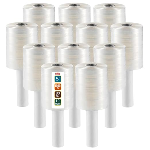 12 Pack Industrial Strength Mini Hand Stretch Wrap 5" 1000 Ft Roll 80 Gauge Thick, Shrink Wrap Roll for Moving Supplies, Furniture, Pallets, Plastic Wrap for Packing, Heavy Duty Stretch Film