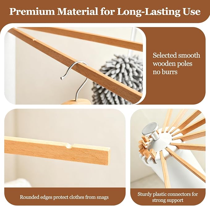 Clothes Drying Rack Wooden Tripod, Floor‑Mounted Garment Rack, Portable Foldable Space‑Saving Laundry Dryer with 16 Drying Poles, Ideal for Small Apartments, Balconies and Bedrooms