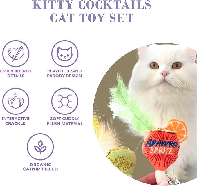 Haute Diggity Kitty Cocktails Apawrol Spritz & Cattini Set, Plush Cat Toys Catnip Filled with Interactive Crackle Sound, Safe, Durable Toys for Cat & Kitten, 2 Pcs